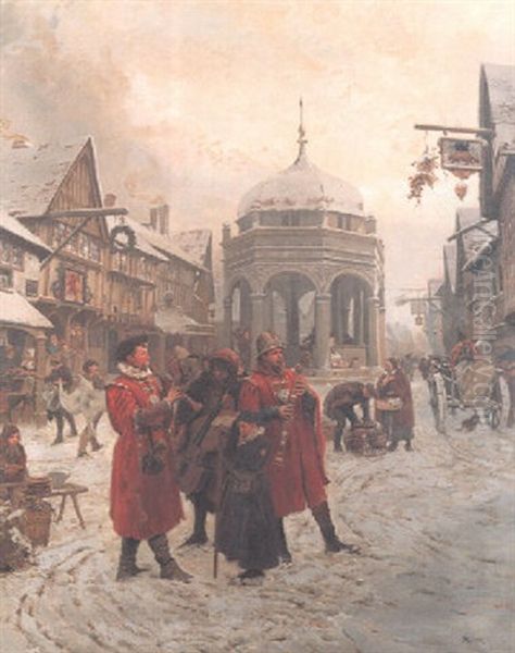 Christmas Eve, Highcross Market, Leicester, 16th Century Oil Painting by Henry Reynolds Steer