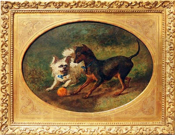 Zwei Mit Ball Spielende Hunde Oil Painting by Carl Steffeck