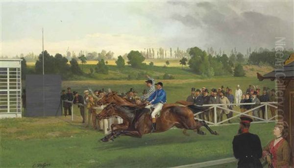 The Finish, Hoppegarten, Berlin Oil Painting by Carl Steffeck