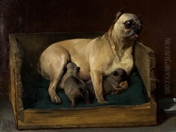 Pug Lady With Puppies Oil Painting by Carl Steffeck