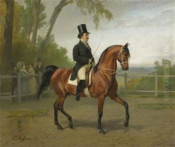 Eleganter Reiter Auf Braunem Pferd Oil Painting by Carl Steffeck