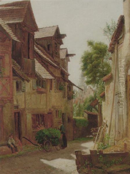 Tysk Gadeparti, I Baggrunden Kirke Oil Painting by Eduard Steffen