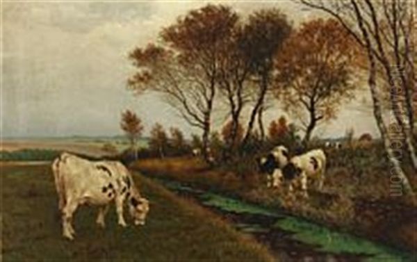 Black Pied Cows At A Creek Oil Painting by Poul Steffensen