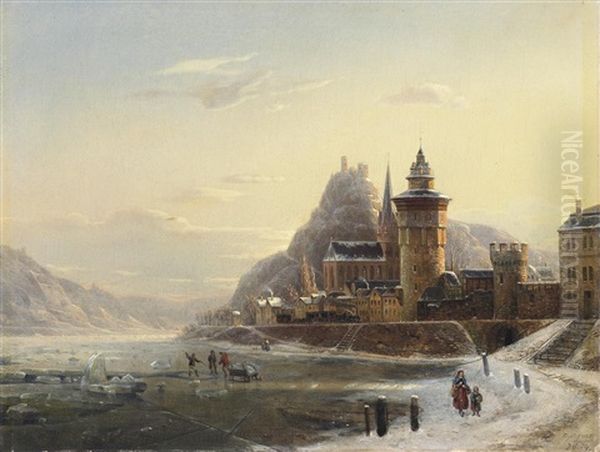 Wintertag Am Rhein Vor Oberwesel. Auf Dem Zugefrorenen Flus Manner Beim Eisstechen Oil Painting by Franz Stegmann