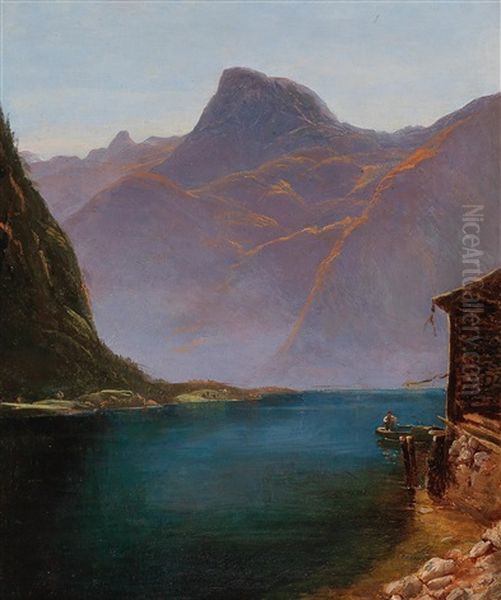 Motif Of Lake Hallstatt Oil Painting by Franz II Steinfeld