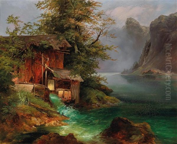 Mill On Lake Hallstatt Oil Painting by Franz II Steinfeld
