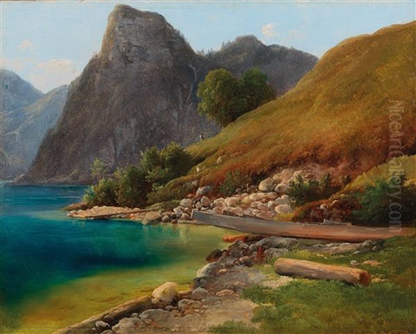 A View Of Mount Sonnstein By Lake Traunsee Oil Painting by Franz II Steinfeld