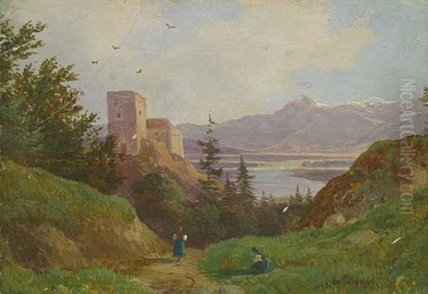 Alpenlandschaft Mit See U. Ruine Oil Painting by Franz II Steinfeld