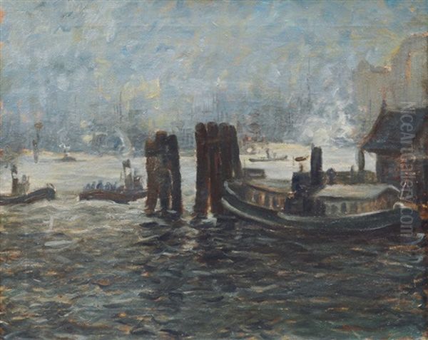Barge In The Port Of Hamburg Oil Painting by Heinrich Steinhagen