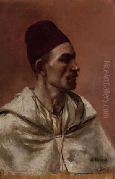Portrait D'homme A La Chechia Rouge Oil Painting by Adolphe Charles Ed. Steinheil