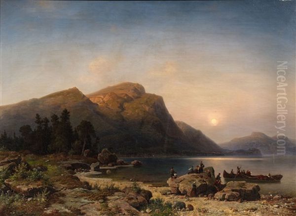 A Sunset On The Banks Of A Mountain Lake Oil Painting by Heinrich Steinike