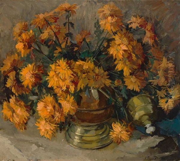 Gelber Chrysanthemenstraus In Kupfergefas Oil Painting by Jean-Pierre Stemmer