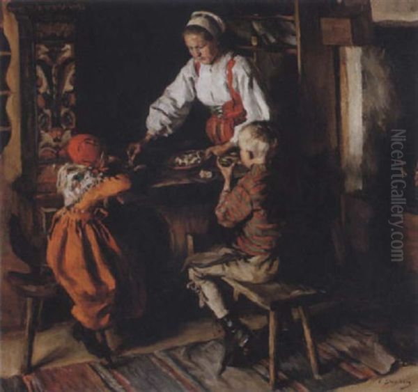 Interior Med Mor Och Barn - Motiv Fran Dalarna Oil Painting by Emerik Stenberg