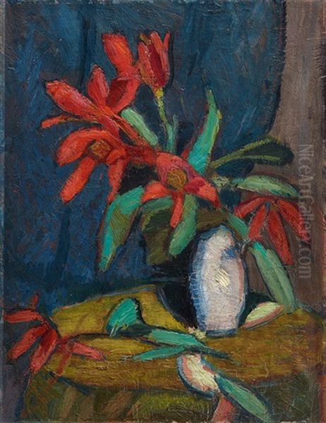 Rote Blumen In Weisem Krug Oil Painting by Hermann Stenner
