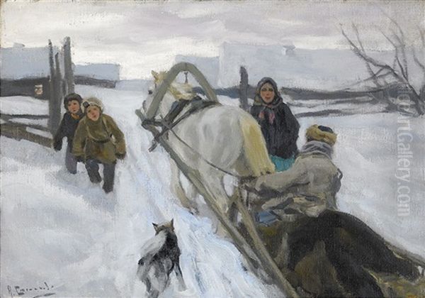 Winter In The Village Oil Painting by Aleksei Stepanovich Stepanov