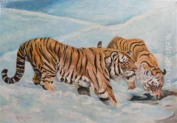 Zwei Sibirische Tiger An Einer Wasserstelle In Winterlicher Landschaft Oil Painting by Aleksei Stepanovich Stepanov