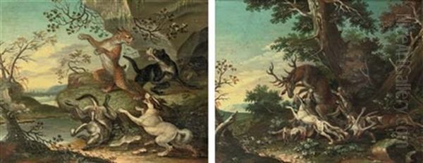 Hounds Fighting With A Wild Cat In A Rocky River Landscape (+ Hounds Attacking A Deer In A Wooded Landscape; 2 Works) Oil Painting by Joseph Stephan