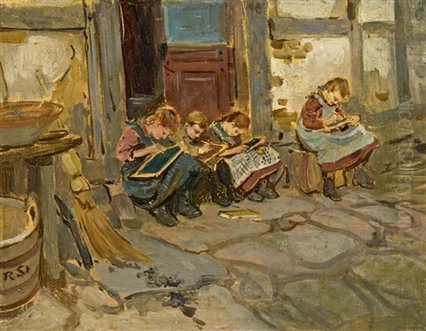 Kinder Bei Schularbeiten Oil Painting by Robert Sterl