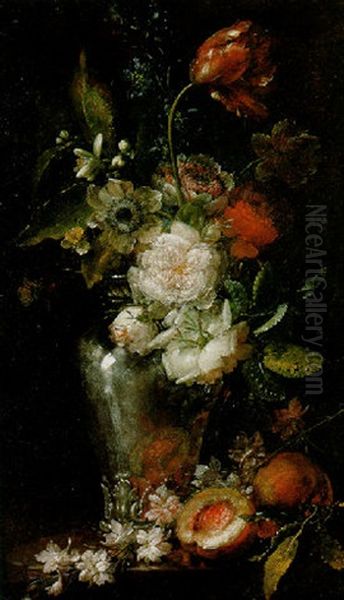 Red And White Roses, Tulips, Anemones, Blossom And Other Flowers In A Glass Vase With Peaches On A Table Oil Painting by Ludovico Stern