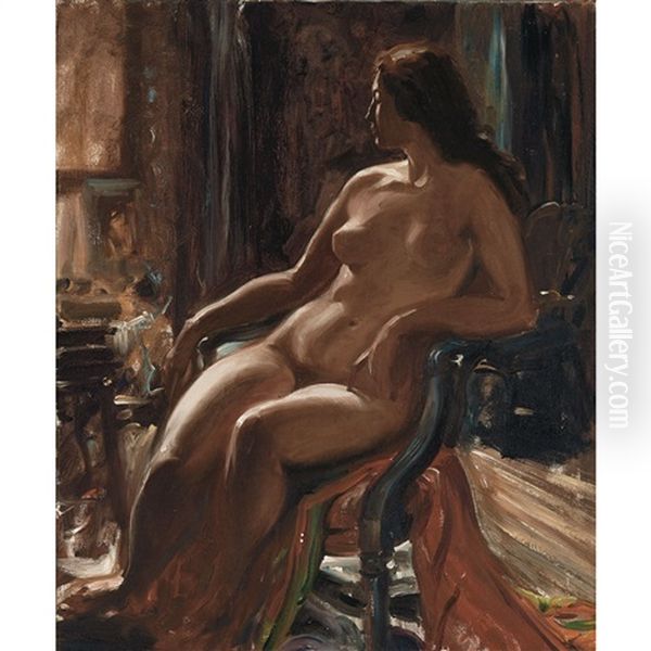 A Pensive Nude Oil Painting by Albert Edward Sterner