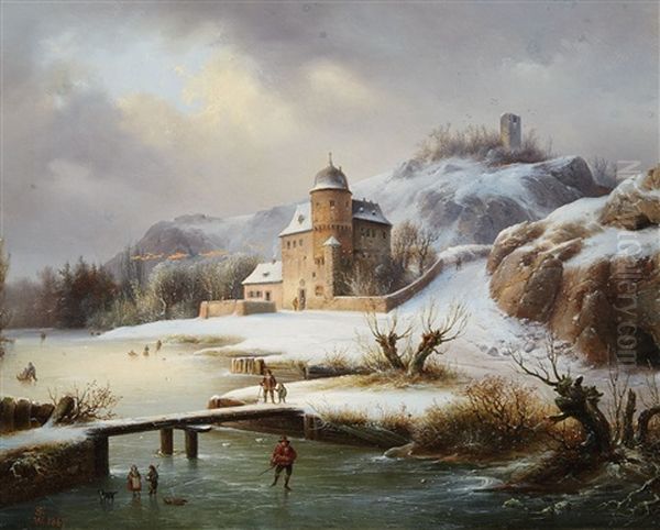 Landscape With A Frozen River Oil Painting by Wilhelm Steuerwald