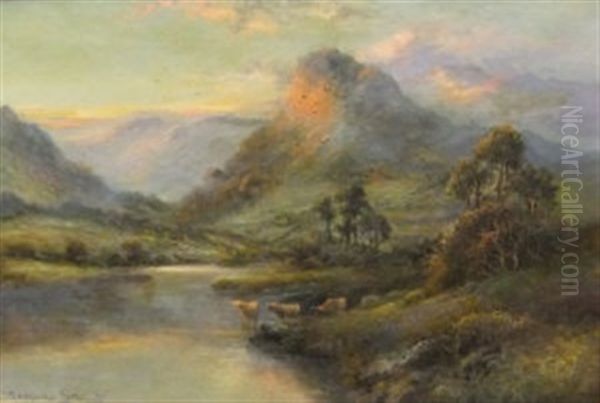 Cattle Watering In A Highland Loch At Sunset (+ Cattle Watering By A Highland Shore; Pair) Oil Painting by Douglas Stewart
