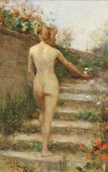Nude On Garden Stair Oil Painting by Julius LeBlanc Stewart