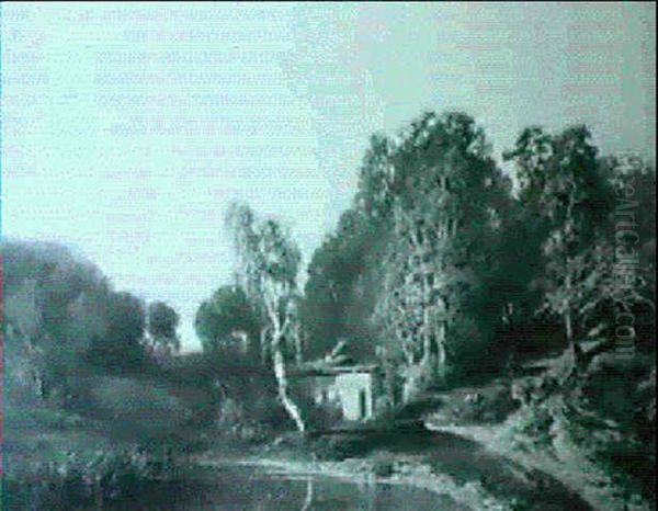 Bauernhaus An Einem Waldsee Oil Painting by Johann Baptist Stiglmaier