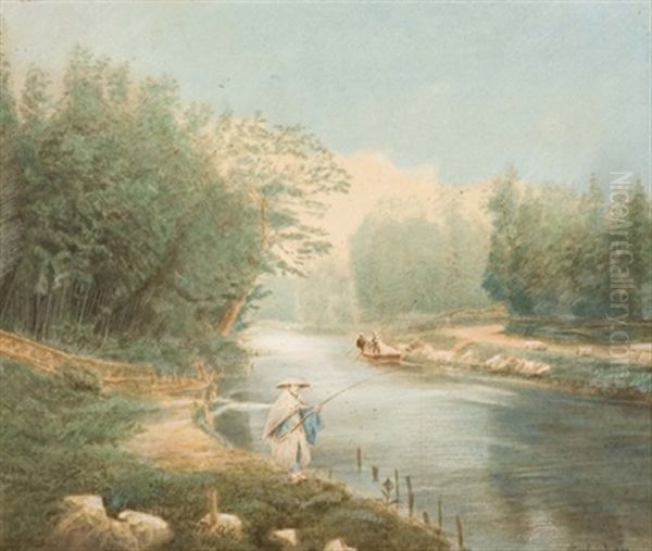 Japanische Flusslandschaft Mit Angler Oil Painting by Raimund, Baron Von Stillfried Und Rathenitz