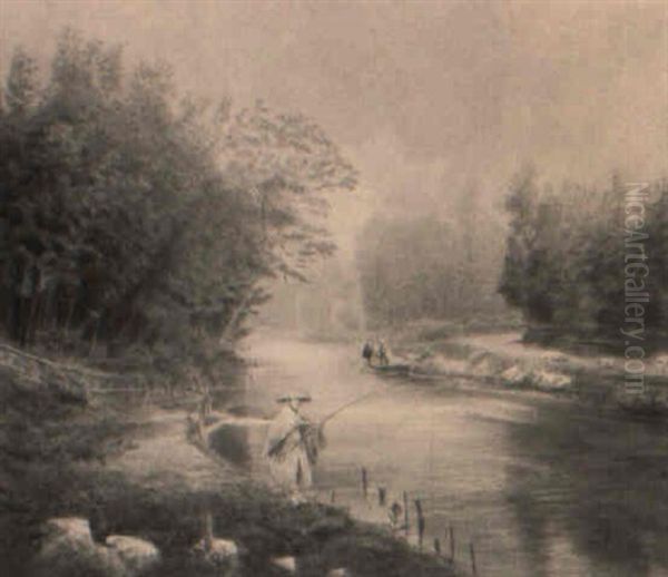 Japanische Fluslandschaft Mit Angler Oil Painting by Raimund, Baron Von Stillfried Und Rathenitz