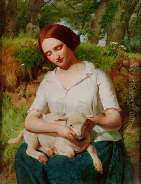 A Lassie And Lamb Oil Painting by John Stirling