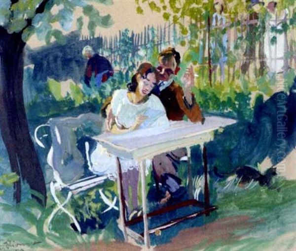 Einen Liebesbrief Lesendes Paar Im Garten Oil Painting by Karl Stirner