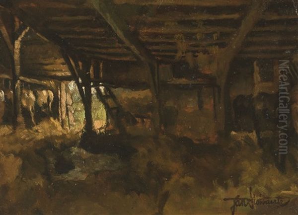 In The Stable; View Inside The Stable; La Bicoque (3 Works) Oil Painting by Jan Stobbaerts