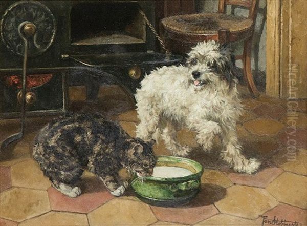 Dog And Cat In The Kitchen Oil Painting by Jan Stobbaerts