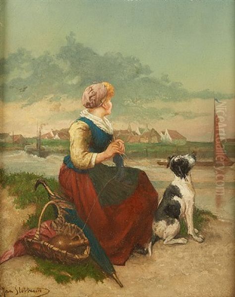 Tricoteuse Au Bord Du Canal Oil Painting by Jan Stobbaerts