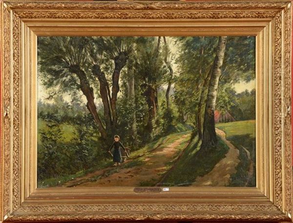 Fillette Tirant Une Brouette Sur Un Chemin De Campagne A Assche Oil Painting by Pieter Stobbaerts