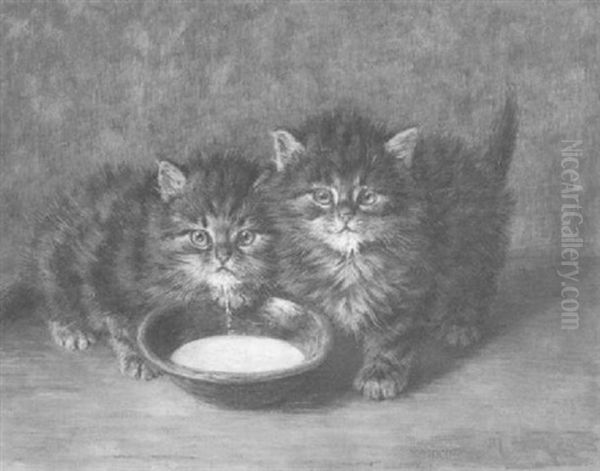 Zwei Junge Katzen Mit Milchschale Oil Painting by Minna Stocks