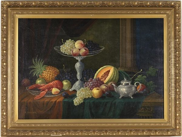 Stilleben Mit Hummer, Tafelaufsatz, Teekanne Und Fruchten Oil Painting by Rudolf Stoitzner