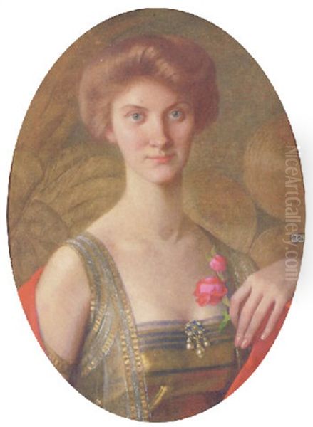 Portrait Of A Lady, In A Silver And Yellow Dress, Holding A Rose In Her Left Hand Oil Painting by Marianne Stokes