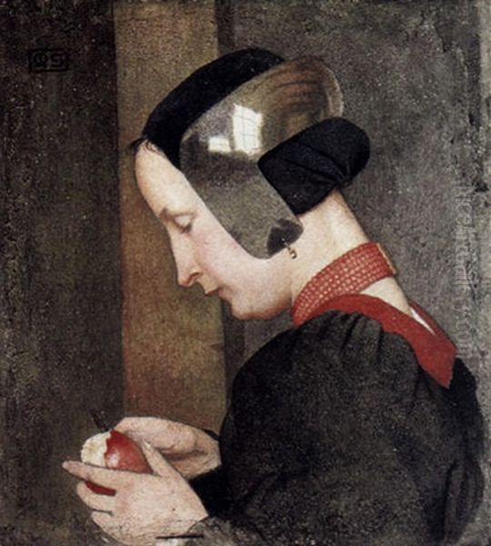 A Portrait Of A Lady Peeling An Apple Oil Painting by Marianne Stokes
