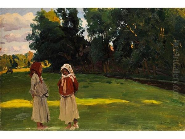 Landschaft Mit Dorfmadchen Oil Painting by Evgeniy Ivanovich Stolitsa
