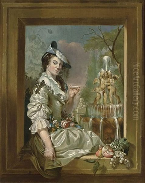 A Portrait Of An Elegant Lady Seated In A Stone Window, Wearing A White Satin Low Necked Dress Oil Painting by Jan Stolker