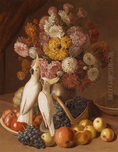 Blumenstillleben Mit Fruchten Und Nymphensittichen Oil Painting by Leopold von Stoll
