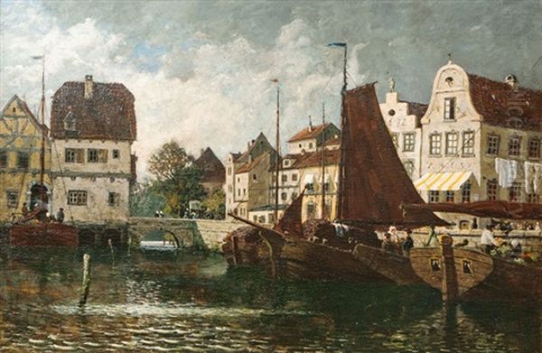 Small Harbour Town Oil Painting by Fritz Stoltenberg
