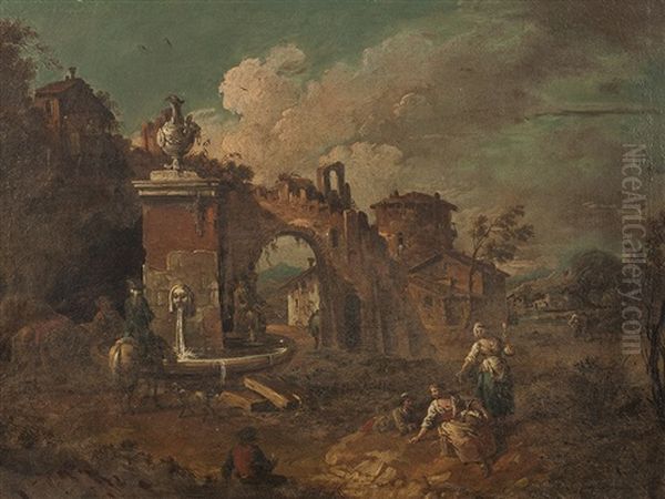 Jeune Homme Et Sa Barque Avec Une Bergere Et Son Troupeau (+ 3 Others; 4 Works) Oil Painting by Antonio Stom