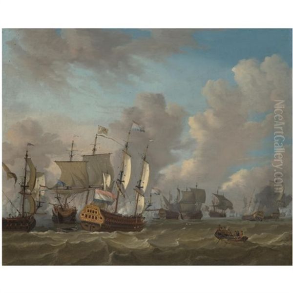 Dutch Ships In A Naval Skirmish Oil Painting by Johannes Storck