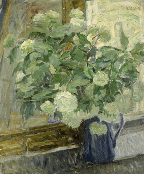 Weise Pfingstrosen In Blauem Krug Oil Painting by Fritz Stotz