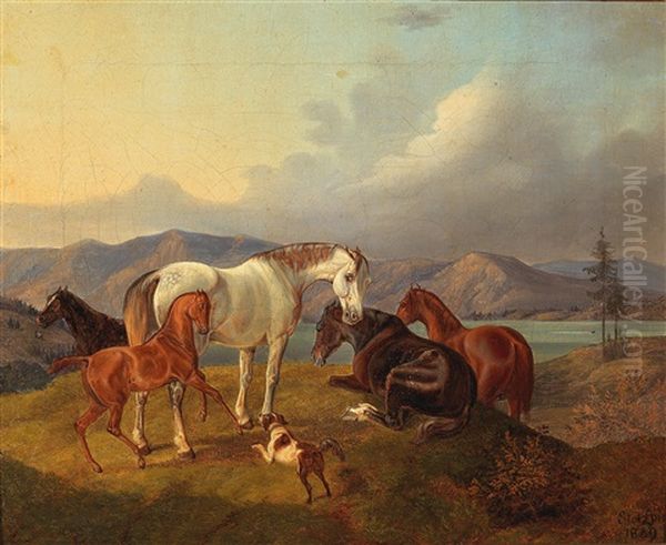 Horses In The Meadow By The Lakeside Oil Painting by Otto Stotz