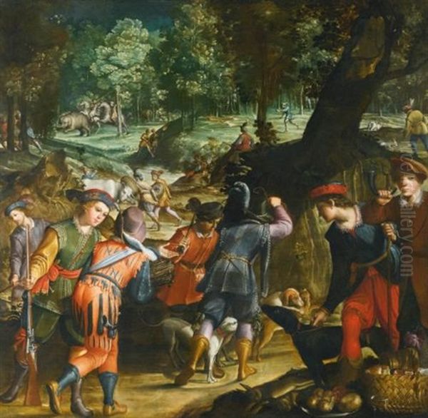 Caccia All'elefante; An Extensive Landscape With An Elephant Hunt Oil Painting by Jan van der Straet