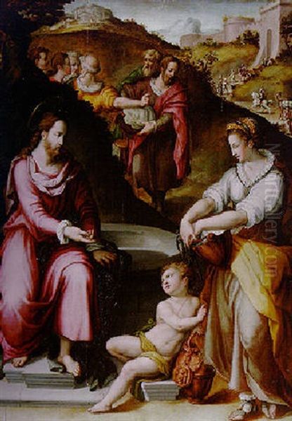 Christ And The Women Of Samaria Oil Painting by Jan van der Straet